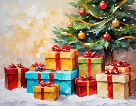 A decorated Christmas tree adorned with colorful ornaments and stacked presents ready for celebration in cozy holiday setting. Wrapped gifts of various colors. Festive atmosphere, warmth and joy. AI.