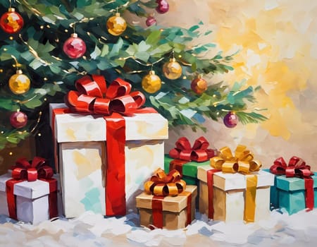 A decorated Christmas tree adorned with colorful ornaments and stacked presents ready for celebration in cozy holiday setting. Wrapped gifts of various colors. Festive atmosphere, warmth and joy. AI.