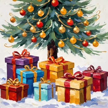 A decorated Christmas tree adorned with colorful ornaments and stacked presents ready for celebration in cozy holiday setting. Wrapped gifts of various colors. Festive atmosphere, warmth and joy. AI.