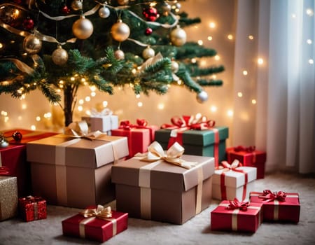 Wrapped presents in various colors sit beneath a decorated spruce tree adorned with shimmering Christmas ornaments, creating a cheerful and festive atmosphere for the New Year celebration.