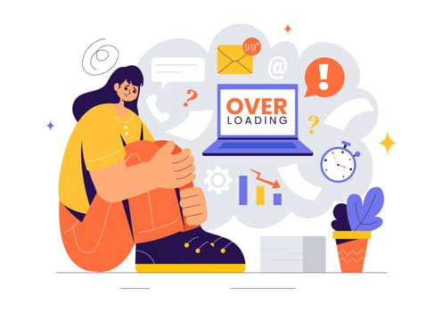 Overloading Vector Illustration of a Busy Employee Multitasking to Complete Numerous Documents and Digital Tasks in a Flat Style Cartoon Background