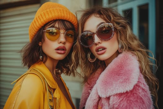 Women photographed on the street, all 70s style. AI generative
