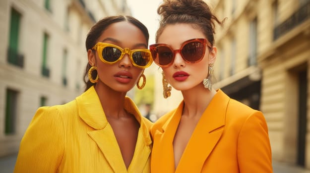 Women photographed on the street, all 70s style. AI generative