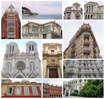 Antique houses in Nice, France, Europe. Cozy European town on French Riviera. Mediterranean chic. Vintage touristic postcard. collage