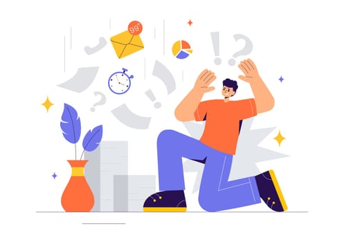 Overloading Vector Illustration of a Busy Employee Multitasking to Complete Numerous Documents and Digital Tasks in a Flat Style Cartoon Background
