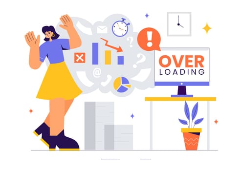 Overloading Vector Illustration of a Busy Employee Multitasking to Complete Numerous Documents and Digital Tasks in a Flat Style Cartoon Background