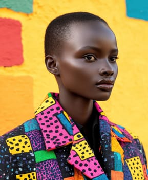 An elegant and sophisticated model  wearing a ready-to-wear collection in a vibrant pop art probabilistic color palette.Ai generative.