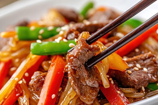 Glass noodles with vegetables and beef. AI generative.