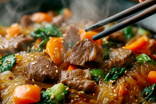 Glass noodles with vegetables and beef. AI generative.