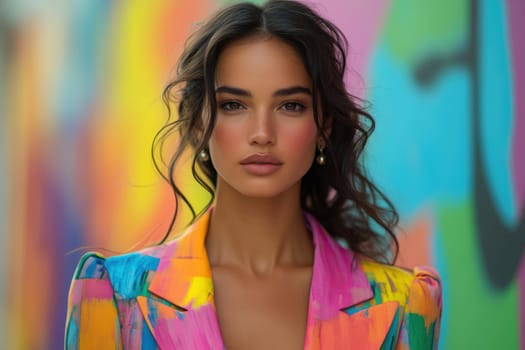 An elegant and sophisticated model  wearing a ready-to-wear collection in a vibrant pop art probabilistic color palette.Ai generative.