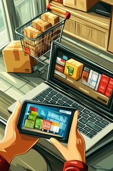 A person sitting comfortably at home makes purchases online. AI generative.