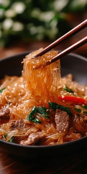 Glass noodles with vegetables and beef. AI generative.