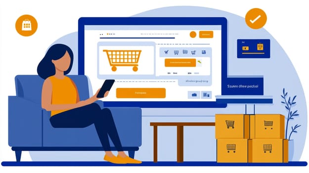 A person sitting comfortably at home makes purchases online. AI generative.