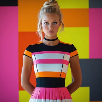 An elegant and sophisticated model  wearing a ready-to-wear collection in a vibrant pop art probabilistic color palette.Ai generative.