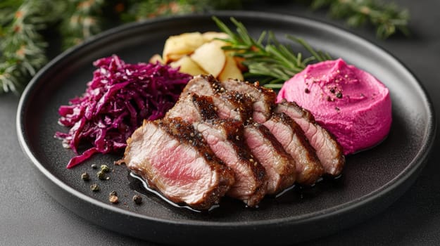 Duck fillet,red cabbage and apple mousse. AI generative.