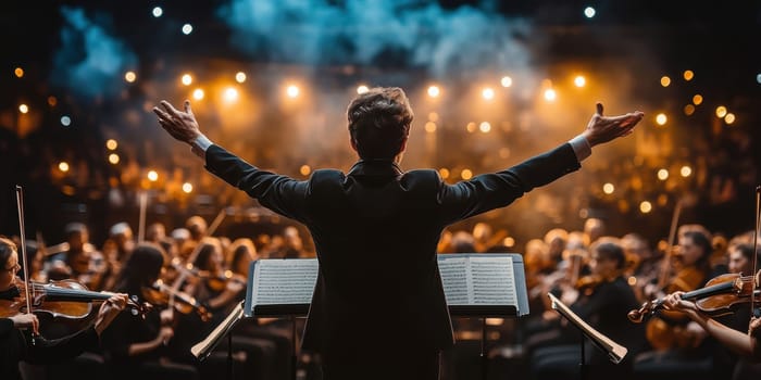 A symphony orchestra on stage . AI generative.