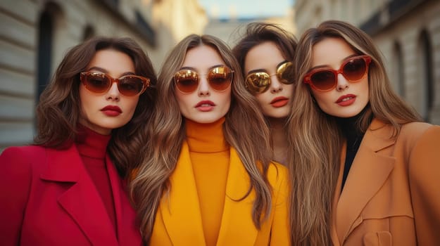 Women photographed on the street, all 70s style. AI generative