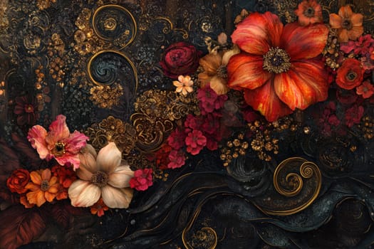 A fantastic world with flowers, trees and people. AI generative.