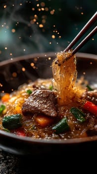 Glass noodles with vegetables and beef. AI generative.