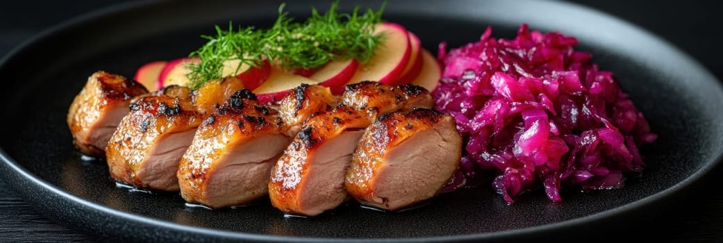 Duck fillet,red cabbage and apple mousse. AI generative.
