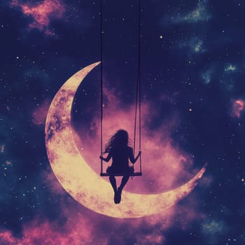Sitting and hustling on the Crescent Moon girl, in the background the night sky full of stars. AI generative.