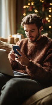 A person sitting comfortably at home makes purchases online. AI generative.