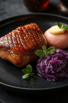 Duck fillet,red cabbage and apple mousse. AI generative.