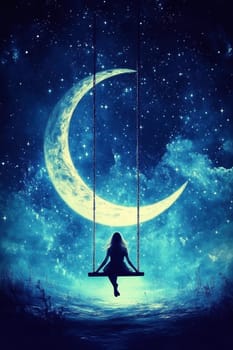 Sitting and hustling on the Crescent Moon girl, in the background the night sky full of stars. AI generative.
