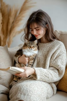 A woman in casual sits on the sofa, holding her cat and smiling at it. Ai generative.
