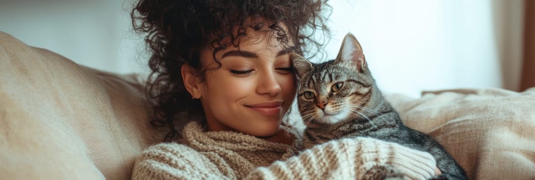 A woman in casual sits on the sofa, holding her cat and smiling at it. Ai generative.