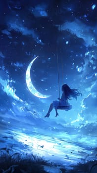 Sitting and hustling on the Crescent Moon girl, in the background the night sky full of stars. AI generative.