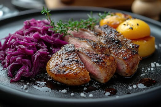 Duck fillet,red cabbage and apple mousse. AI generative.