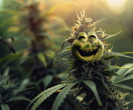 cannibis buds with a happy realistic face on a cannibis plant . AI generative.