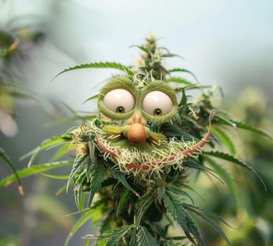 cannibis buds with a happy realistic face on a cannibis plant . AI generative.