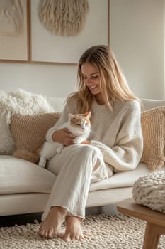 A woman in casual sits on the sofa, holding her cat and smiling at it. Ai generative.