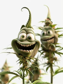 cannibis buds with a happy realistic face on a cannibis plant . AI generative.