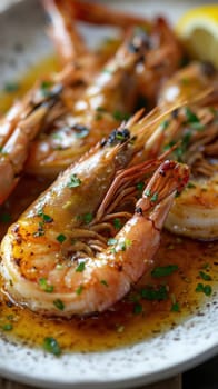 jumbo prawns in butter and garlic sauce. AI generative.
