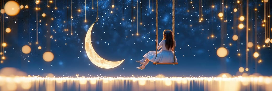 Sitting and hustling on the Crescent Moon girl, in the background the night sky full of stars. AI generative.
