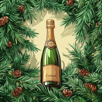 beautiful card with fir tree branches with champagne and garlands for christmas. AI generative.