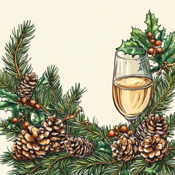 beautiful card with fir tree branches with champagne and garlands for christmas. AI generative.