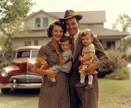 Vintage photo of an American family from the 1940s, 1950s