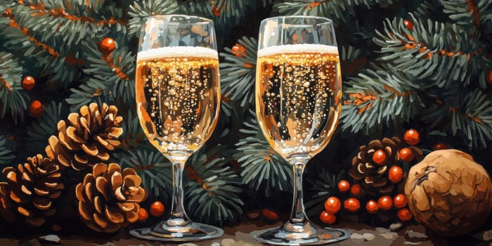 beautiful card with fir tree branches with champagne and garlands for christmas. AI generative.