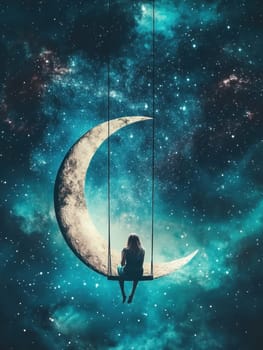 Sitting and hustling on the Crescent Moon girl, in the background the night sky full of stars. AI generative.