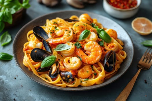 Pasta with seafood in tomato sauce, and shrimp and clams. AI generative.