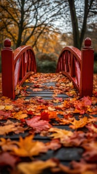 Red wooden bridge, autumn maple leaves. AI generative.