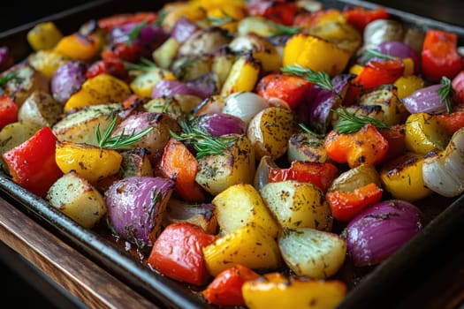 a rustic baking sheet filled with freshly roasted vegetables, including colorful peppers, onions, potatoes, zucchini and whole garlic cloves. Ai generative.