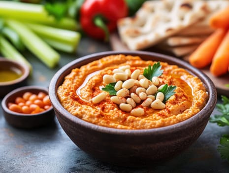 roasted garlic hummus served in bowl topped with paprika, flat parsely and roasted pine . AI generative.