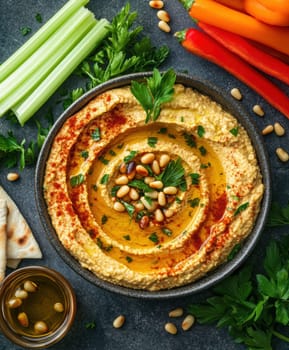 roasted garlic hummus served in bowl topped with paprika, flat parsely and roasted pine . AI generative.
