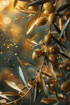 Olive oil, olives and olive branches. AI generative.