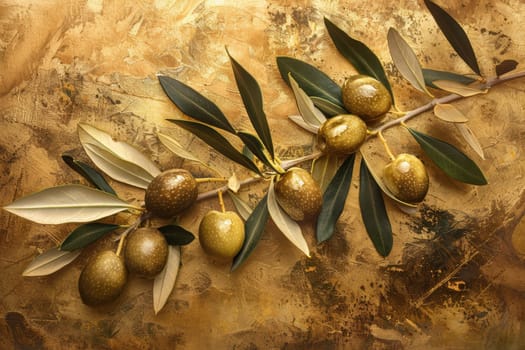 Olive oil, olives and olive branches. AI generative.